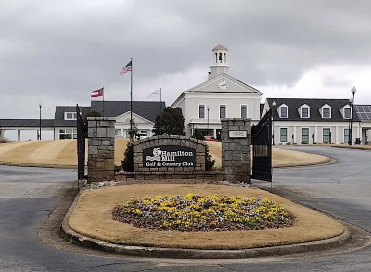Hamilton Mill Golf and Country Club entrance sign and clubhouse