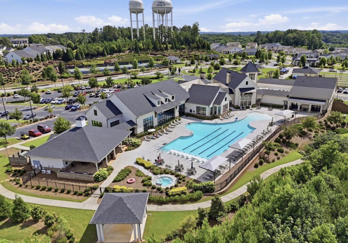 Aerial view of the Del Webb Chateau Elan clubhouse and outdoor pool